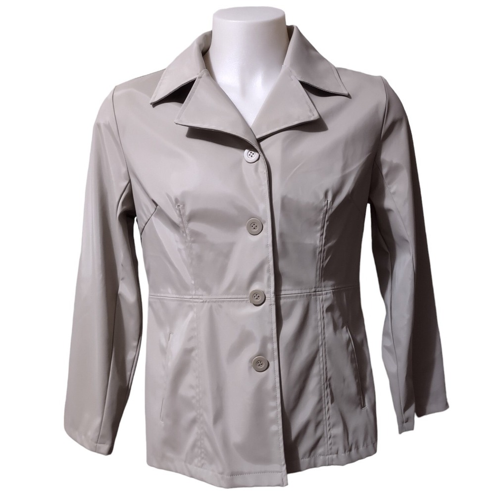 Rag Rain Coat Woman's Large Jacket Style Pockets Tan Collared Button Up Outdoor.